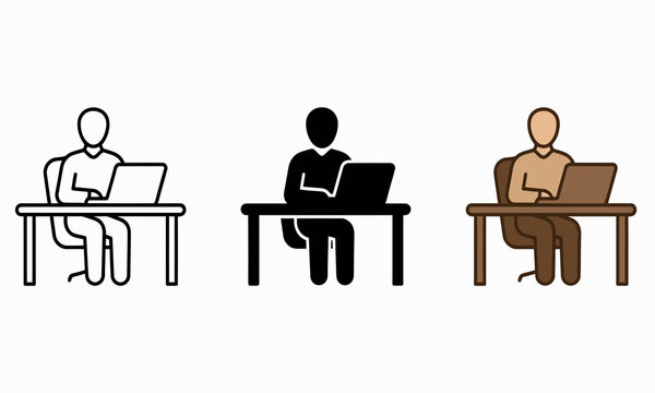 Person working at desk with laptop computer is depicted in a flat icon set with varying color schemes worker employee
