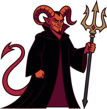 Satanic Red Devil Character Vector Illustration Wearing Black Robe and Holding Golden Pitchfork Trident for Halloween Parties Gaming Logos and Mascot Designs