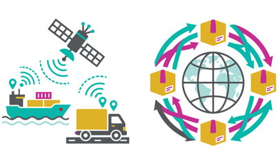 Naklejka premium Global logistics vector illustration set with satellite tracking cargo ship and delivery truck alongside worldwide shipping globe icon