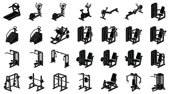 Professional gym cardio and strength machine icons for fitness facility equipment layout