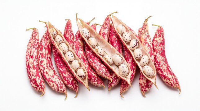 Fresh raw pinto beans arranged in open colorful mottled pods studio shot isolated on white background
