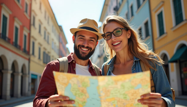 couple travel smiling tourists holding foldout map on colorful European street, couple travel exploring city with backpacks, sunglasses, straw hats and historic architecture,