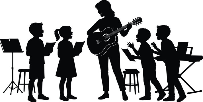Silhouette of a music teacher and students singing with instruments