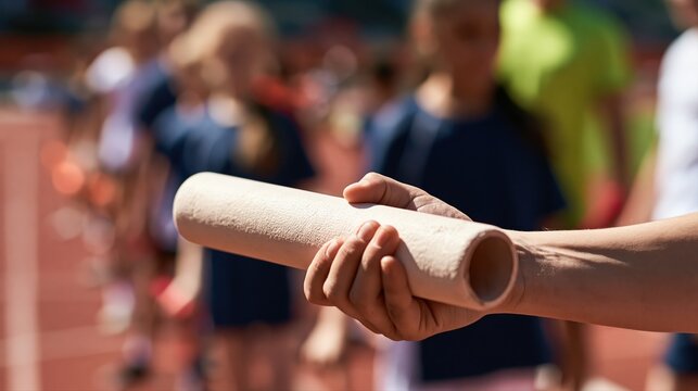 Hand holds relay baton ready for competition race track