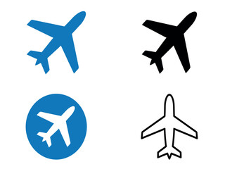 Fototapeta premium Four airplane silhouettes in varying shades of blue and black against a white background depict aerial transportation aircraft aviation flight