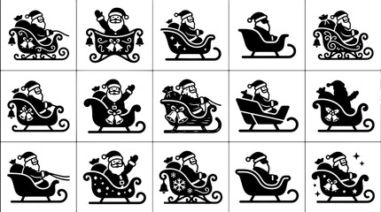 Fototapeta premium Christmas santa claus sleigh silhouette icons for winter holiday greeting cards.