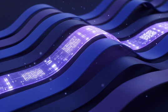 Abstract 3D flowing blue wave ribbons with glowing purple data strip and binary code for technology concept