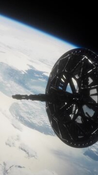 A space station floats in orbit above Earth. Clouds and ocean are visible below. The image shows the structure and details of the station and the curvature of the planet.