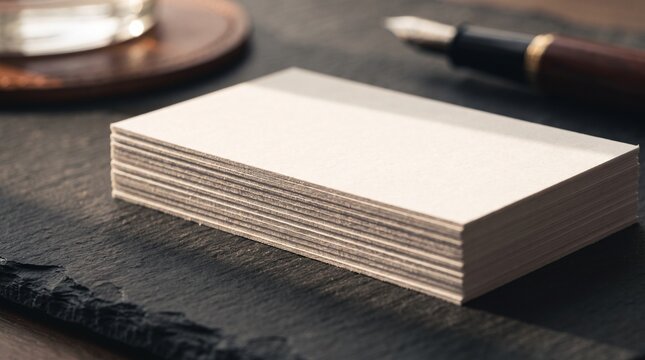Blank white business card stack on a dark slate background with a fountain pen.