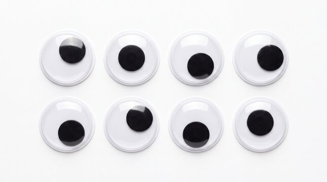Multiple plastic googly eyes arranged in organized rows for craft projects placed flat on white background