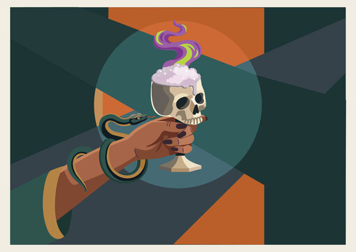 Retro vector illustration of a witch's hand wrapped with a snake, holding a bubbling skull goblet against a geometric art deco background, horizontal landscape format with copy space.