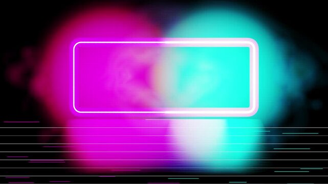 Abstract glowing neon pink and cyan rectangular frame with floor reflection. Synthwave retro cyberpunk background motion graphics loop.