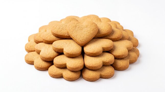 Heart shaped delicious baked ginger cookies arranged in a large appetizing pile on white background