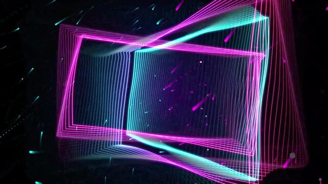 Abstract glowing neon cyan and pink rectangular frames rotating on a dark background. Cyberpunk geometric wireframe VJ loop animation.