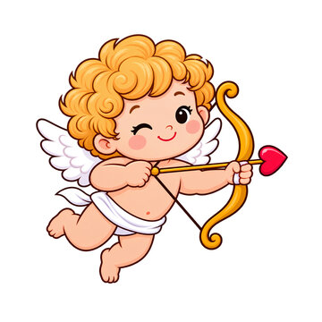 Cute Cupid Angel with Bow and Heart Arrow Cartoon Illustration