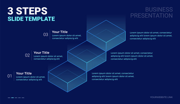 3 steps stairs isometric diagram slide template with space for text - modern business technology slide infographic template for corporate presentations - dark blue background vector	