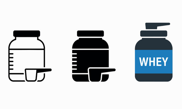 Three variations of a protein powder jar icon rendered as a line drawing silhouette and colored graphic container bottle supplement