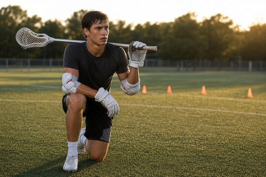 Kneeling lacrosse player with stick on field