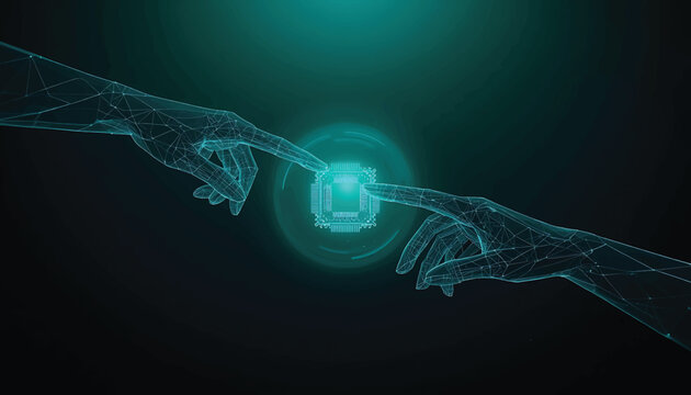 A digital representation of two wireframe hands reaching out to touch a glowing central technological circuit board element