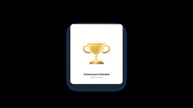 Clean minimalist trophy achievement unlock animation with gold cup and particle burst.