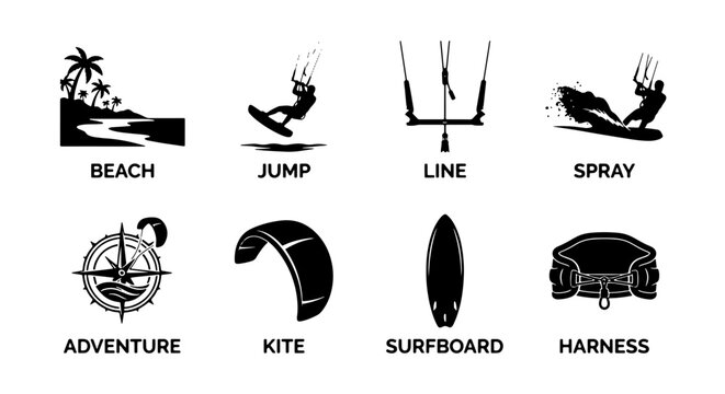 Kitesurfing Icons Set: Beach, Jump, Line, Spray, Adventure, Kite, Surfboard, Harness Vector Graphics