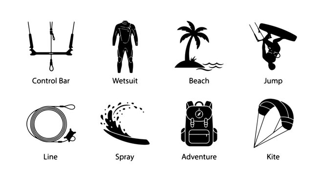 Kitesurfing Equipment and Action Icons: Control Bar, Wetsuit, Beach, Jump, Line, Spray, Adventure Backpack, Kite