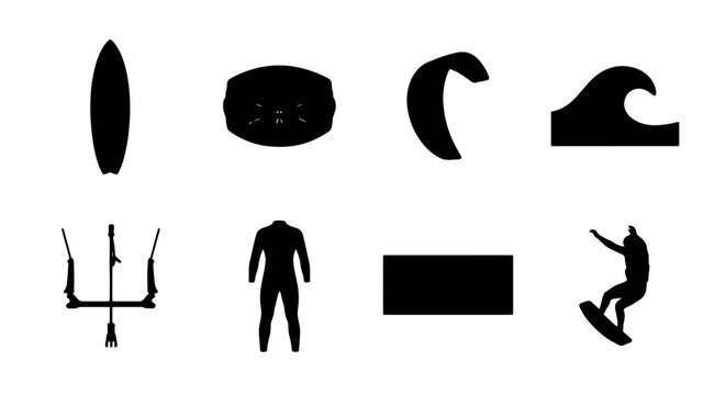 Kitesurfing Equipment and Wave Icons Set, Vector Silhouettes for Water Sports and Extreme Recreation Graphics