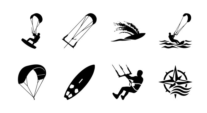 Kitesurfing Vector Icons Set: Action Sports, Water Adventure, Wind Power, Nautical Navigation Symbols