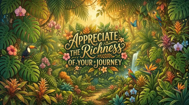 Enchanting jungle scene with 'Appreciate the Richness of Your Journey' text, tropical plants, flowers, birds, and waterfall
