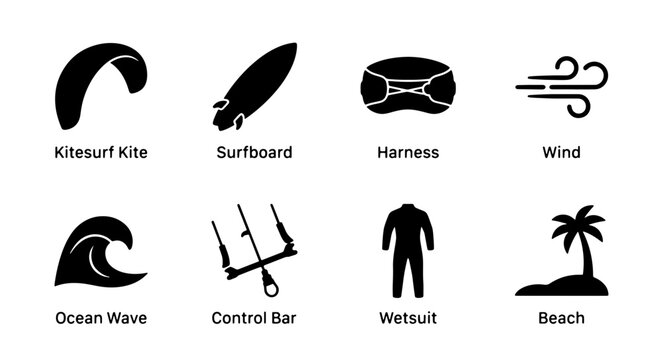 Kitesurfing Equipment Icons: Kite, Surfboard, Harness, Wind, Wave, Control Bar, Wetsuit, Beach, Vector Set for Water Sports and Adventure
