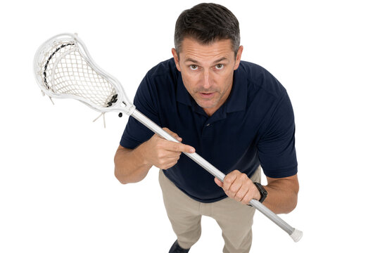 Man in dark blue polo shirt holding white lacrosse stick angled to look directly at camera isolated on transparent background png element