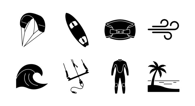 Kiteboarding Icons Set: Vector Graphics for Water Sports, Beach Lifestyle, and Extreme Adventure