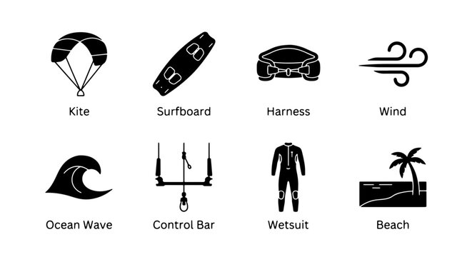 Kitesurfing Equipment Icons Set: Kite, Surfboard, Harness, Wind, Ocean Wave, Control Bar, Wetsuit, Beach Elements