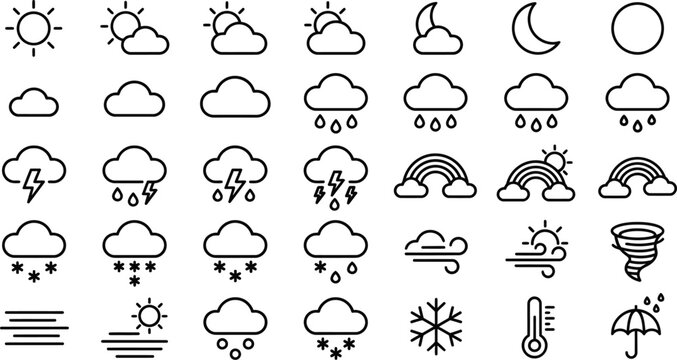 Minimalist weather icon set, 35 outline vector symbols for meteorology. Black line weather forecast elements, sun and cloud app interface graphics.