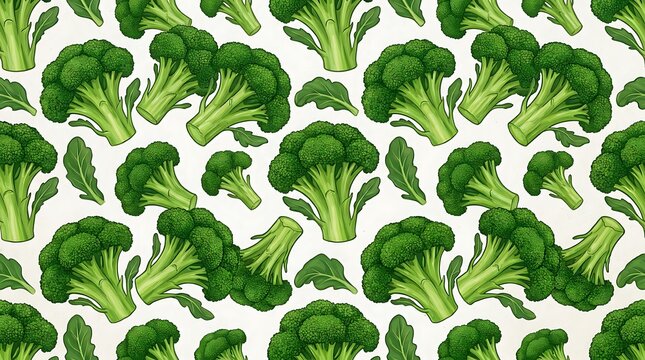 Seamless pattern with green fresh broccoli vegetable pieces repeated on a simple background for healthy food design