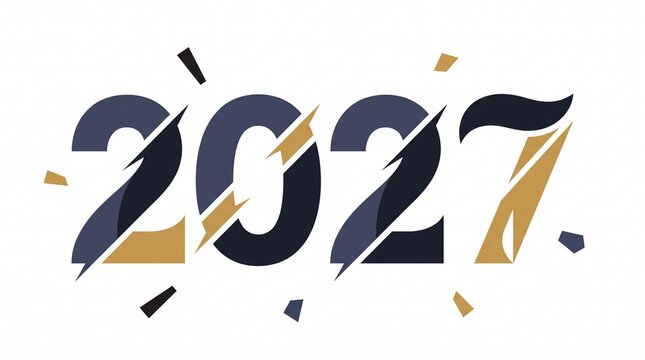 2027 Year Typography Design with Elegant Gold and Dark Blue Slanted Elements on White Background
