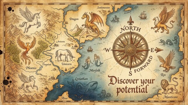 Fantasy world map with mythical creatures, compass, and inspirational text 'Discover your potential' for adventure and exploration
