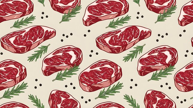 Seamless pattern with raw beef steaks and green rosemary herbs and black pepper spice on a light gray background surface