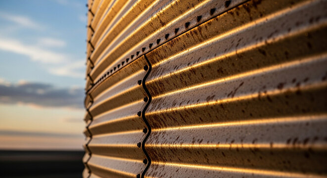 Sunlight illuminates the weathered corrugated steel plating of an agricultural storage bin during sunset while vibrant clouds fill the evening horizon in the rural countryside landscape