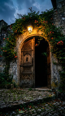 Fototapeta premium Ancient stone doorway illuminated by a warm lantern at night
