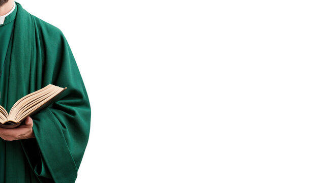 Pastor reading book in green cassock isolated on transparent background PNG element