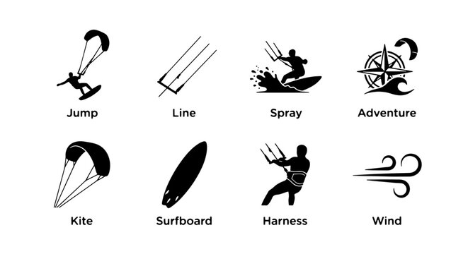 Kiteboarding Icons Set: Jump, Line, Spray, Adventure, Kite, Surfboard, Harness, Wind Vector Graphics