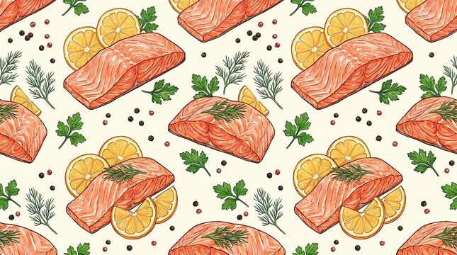 Seamless pattern with fresh raw salmon fish fillets lemon slices herbs and black pepper seeds for healthy food design