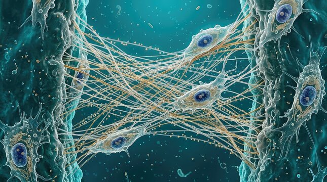 Ultra-detailed scientific visualization of living human cells rebuilding a damaged tissue gap, thousands of delicate collagen-like protein fibers forming an intricate natural bridge