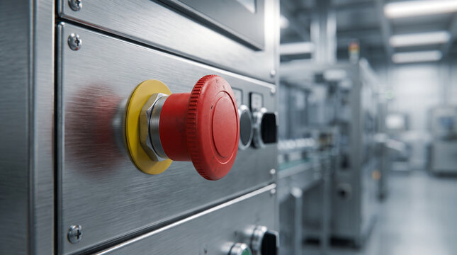 Red emergency stop button on industrial control panel in a modern factory, close-up view