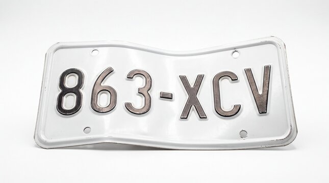 Bent metal license plate displaying alphanumeric characters eight six three xcv isolated on white background