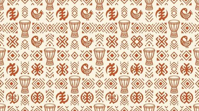 Seamless repeating vector pattern combining small drum and geometric Adinkra-inspired motifs repeating, two-tone flat palette, tileable, no gradients, minimalist geometric style
