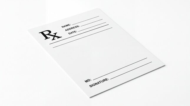 Medical prescription pad featuring black printed text and lines for patient information on white background