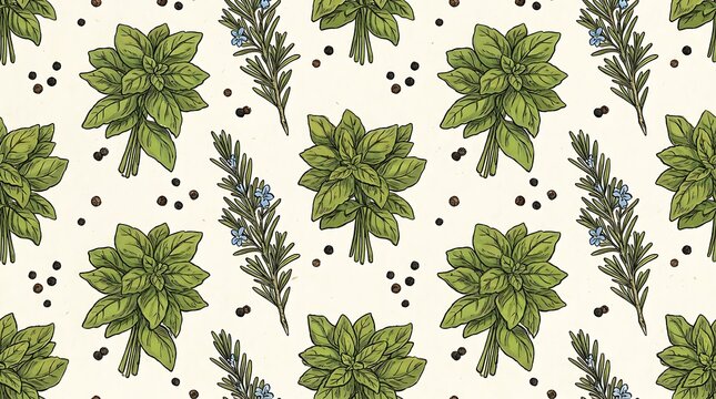 Seamless pattern with hand drawn basil leaves and rosemary sprigs for organic food design and kitchen textile prints