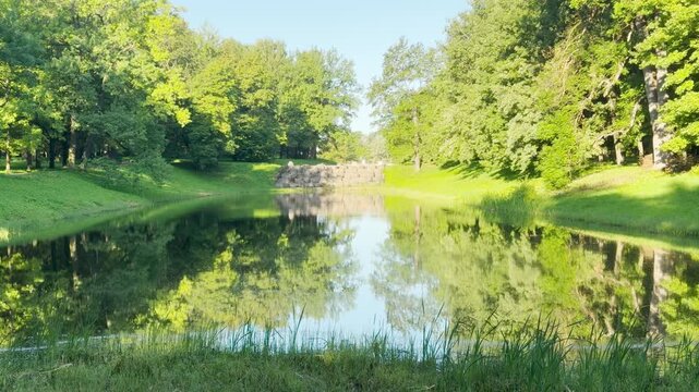 A calm pond reflects green trees near a stone cascade in Catherine Park, Saint Petersburg. The peaceful natural view inspires tranquility and joy.